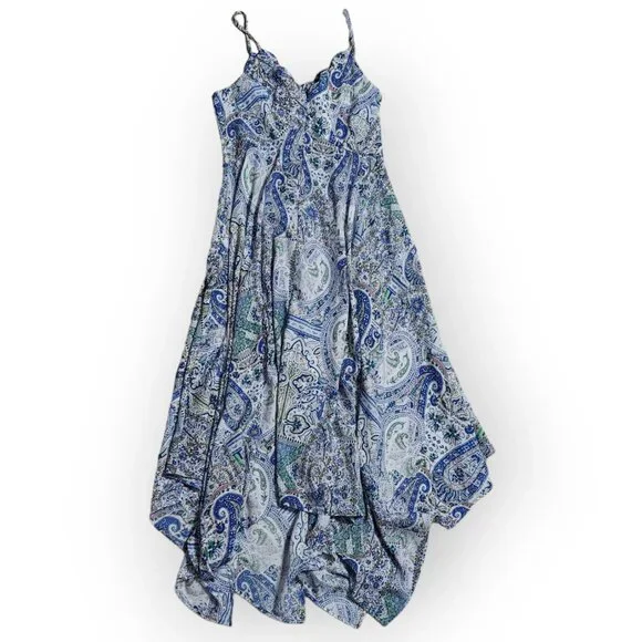 Alya Paisley Handkerchief Bohemian Flowy Dress Scalloped Neckline Blue Size S - Picture 3 of 7